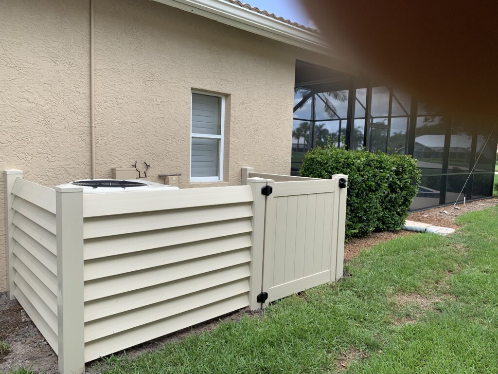 White Vinyl Providing much wanted coverage of mechanical pipes from pool heaters and air conditioners.